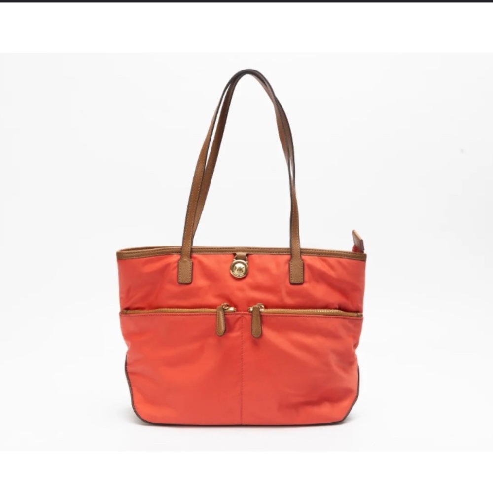 Michael Kora Kempton Nylon Tote. Orange and Brown Shoulder Bag with Gold Accents